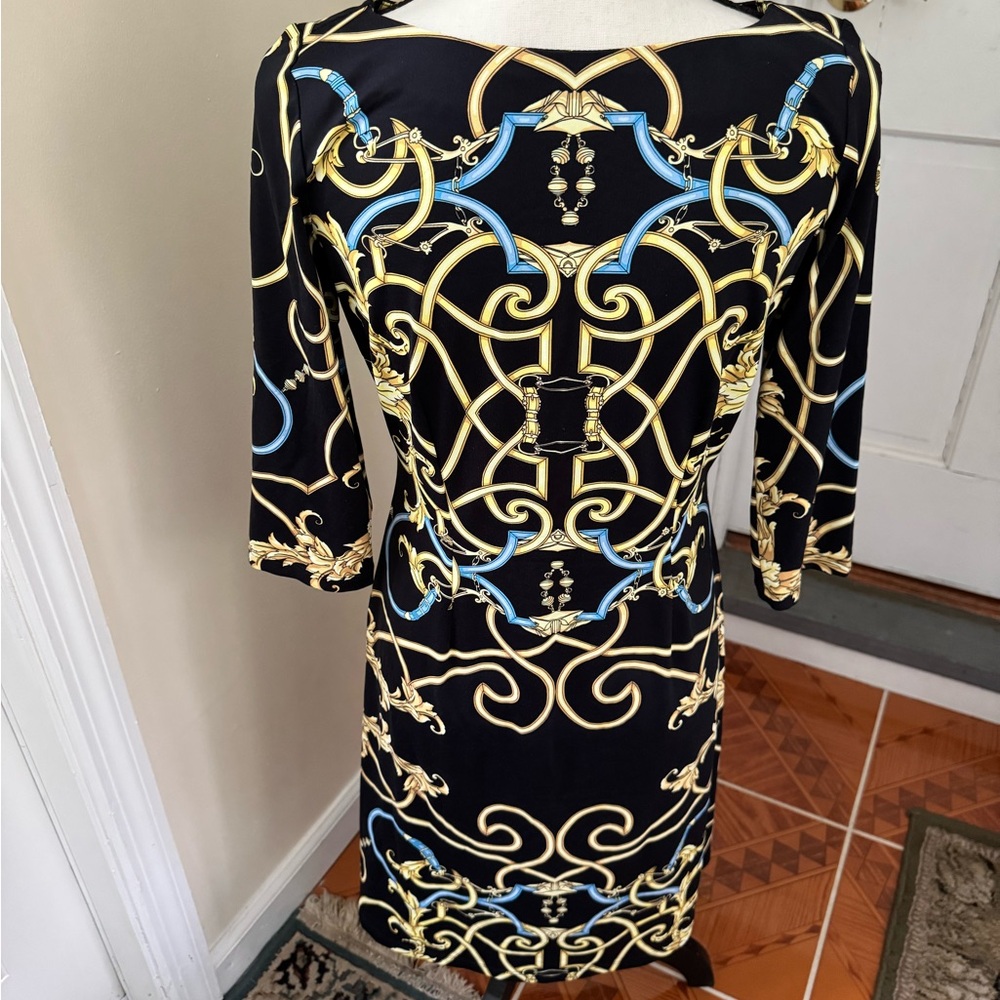 J. McLaughlin Black and Gold Tie Front Cocktail Dress